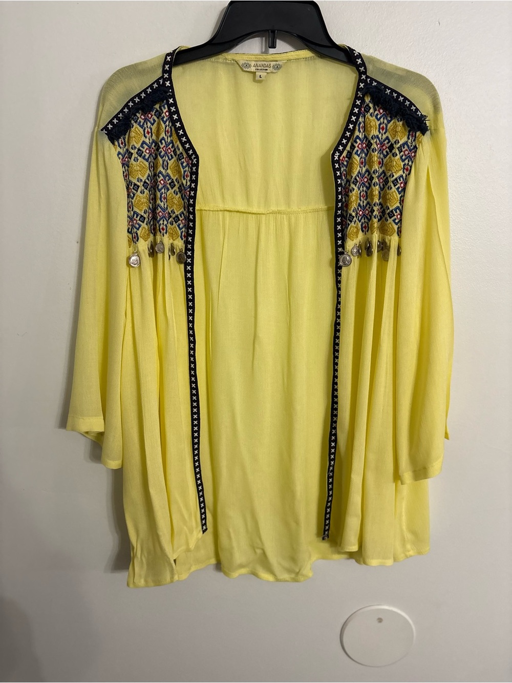 Ananda’s Yellow Embroidered Open-Front Women's Top Size Large